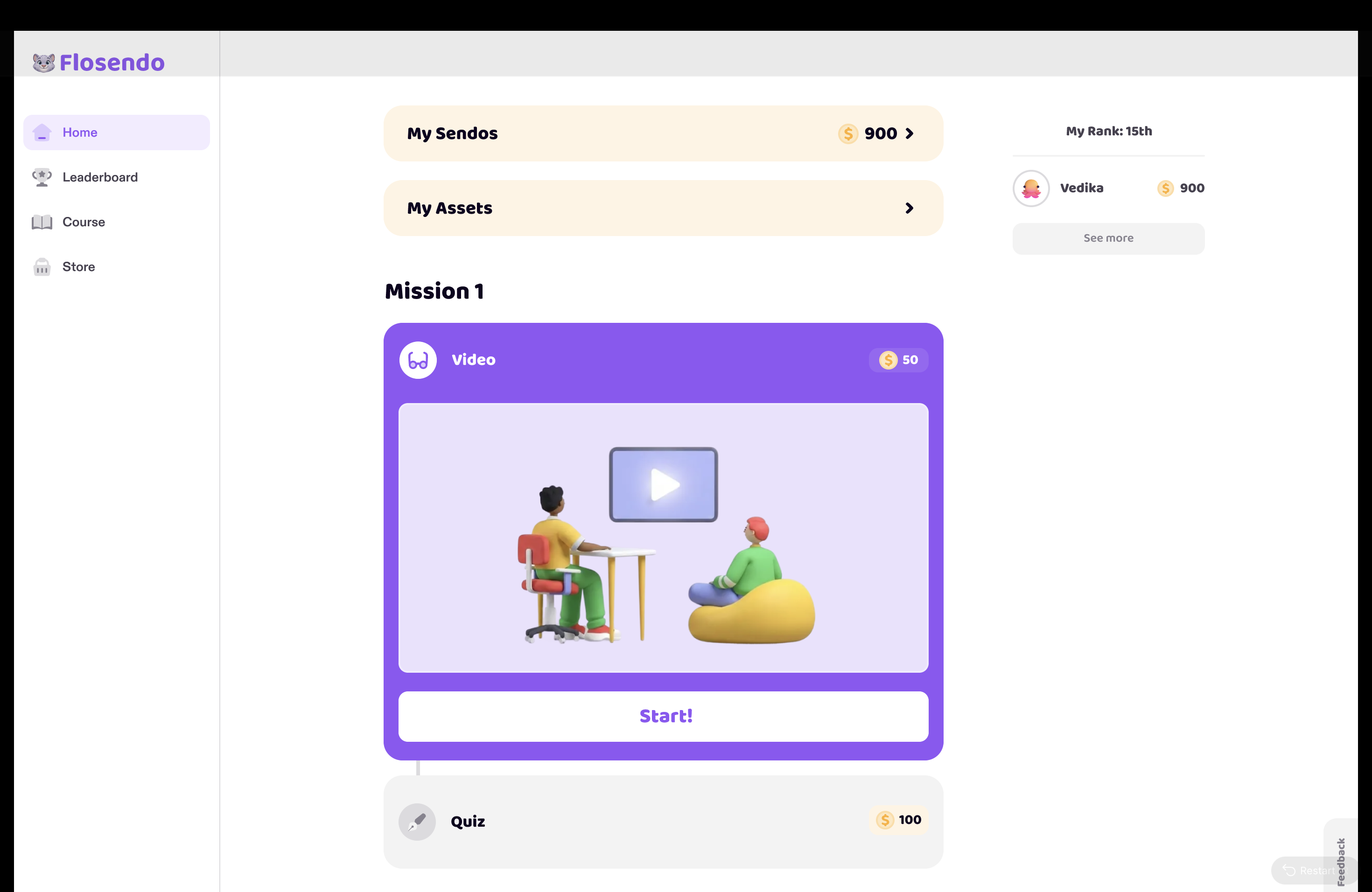 EduCity platform — student dashboard with missions, Sendos, and leaderboard