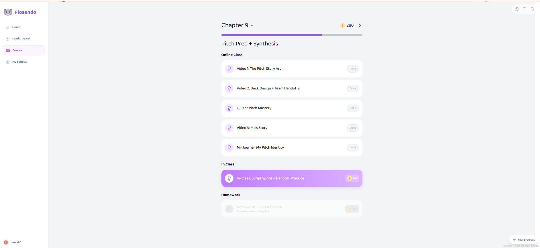 Flosendo student course view — Chapter 9: Pitch Prep + Synthesis, with online and in-class activities